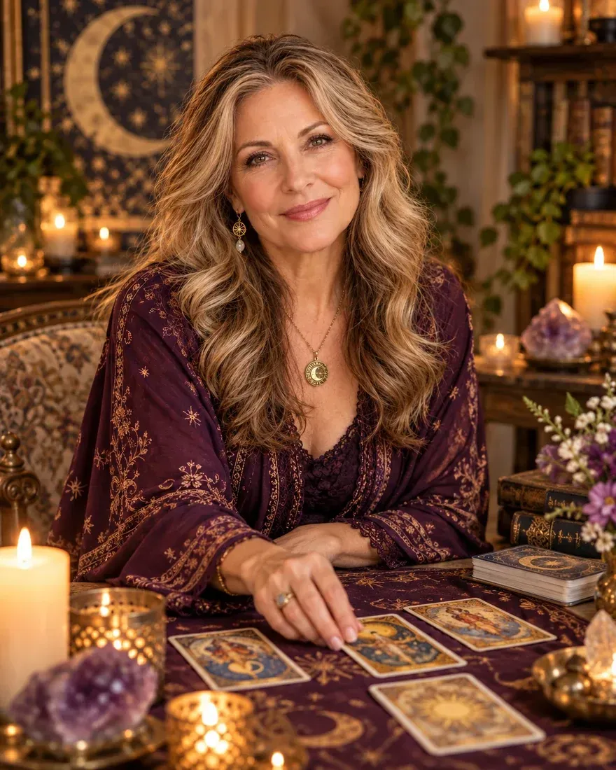 Helena, the tarot reader behind the Soulmate Portrait, with tarot cards laid out on a table