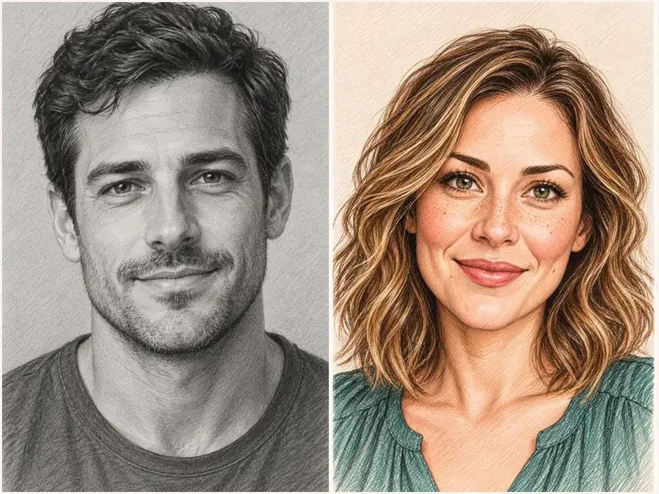 Two soulmate drawing examples: a pencil portrait of a man and a colored portrait of a woman